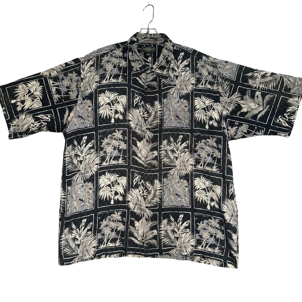Knights Sportswear 100% Cotton Hawaiian Shirt Men XL Palm Tree Print Gray White
